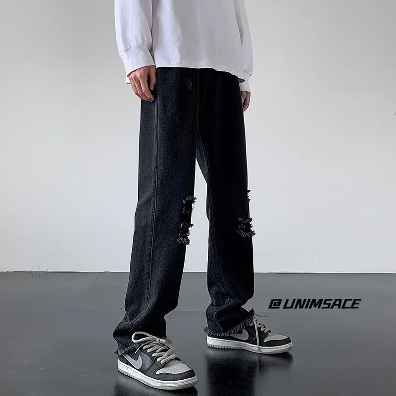 White Blue Black Ripped Jeans Men Fashion Casual Straight Jeans Men Streetwear Hip-hop Loose Hole Denim Pants Mens Trousers