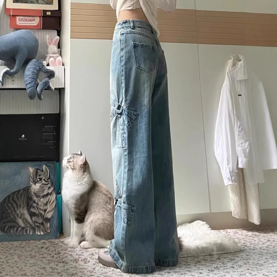 Американские винтажные широкие джинсы с бантом прямые высокой талией для женщин