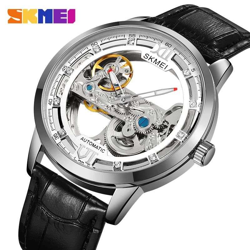 

SKMEI Fashion Genuine Leather Strap Automatic Watches Mens Cool Hollow Mechanical Wristwatches Male Hour Relogio Masculino