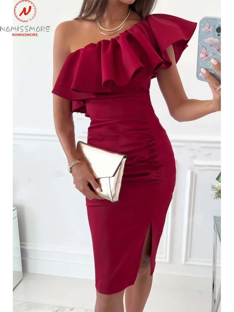 

Women Summer Solid Color Pencil Dress Shrinkage Design Ruffles Split Decor Diagonal Collar Sleeveless Mid Waist Slim Hips Dress