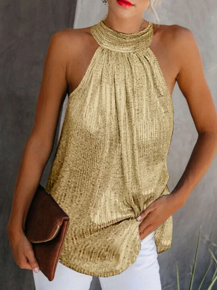 

Женская Золотая блузка, новинка 2022, модная летняя повседневная Свободная блузка без рукавов с высоким воротником, футболка