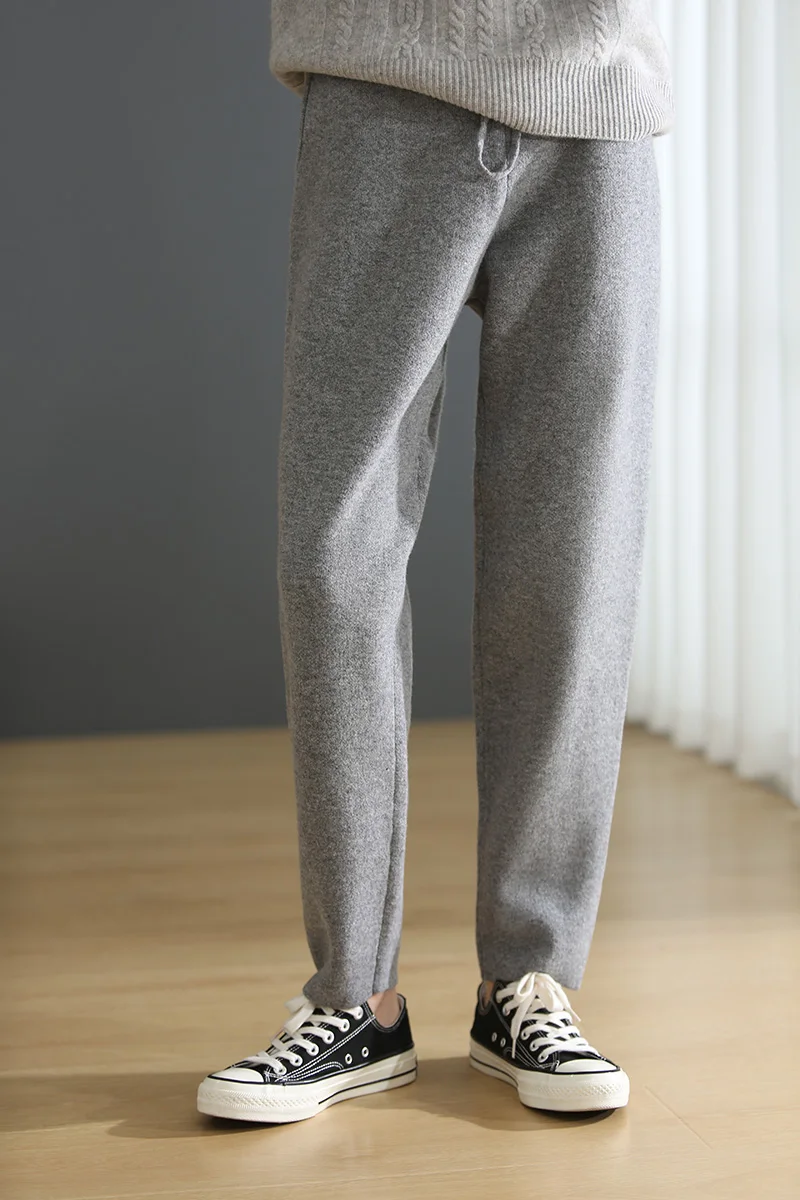 2023 Women's Autumn Winter Trendy Warm Trousers Female 100% Wool Elastic Casual Pants Women Grey Color Fashion Pencil Pants