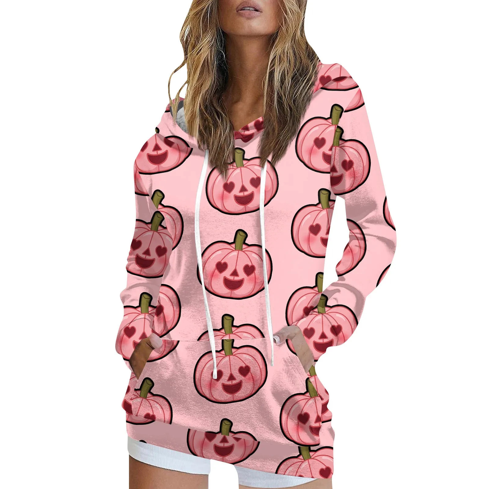 

Women's Hoodies Casual Halloween Cute Pink Pumpkin Printed Pullovers Long Sleeve Drawstring Hooded Sweatshirts Mid Length Tops