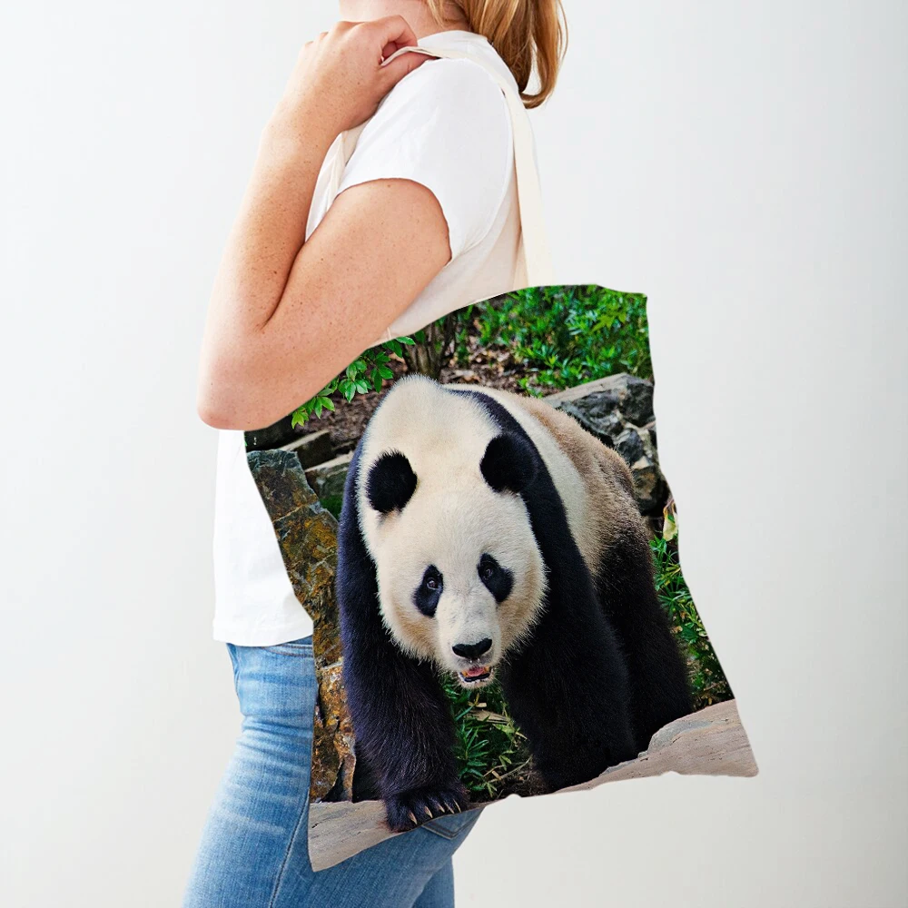

Both Sided Chinese Panda Women Shopping Bags Reusable Lady Travel Tote CuteWild Animal Girl Canvas Shopper Bag Shoulder Handbag