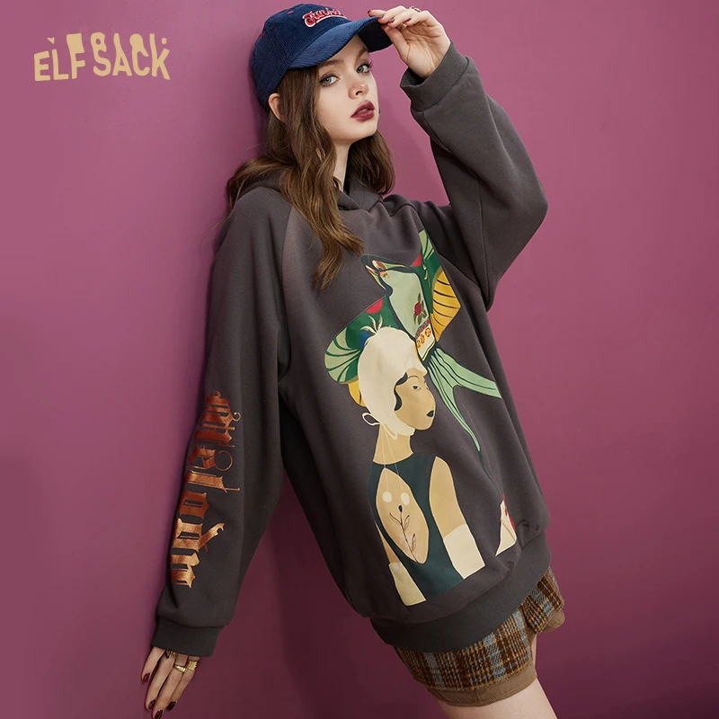 ELFSACK Fleece Warm Hoodies Women 2022 Autumn/Winter Loose Long Sleeve Sweatshirts