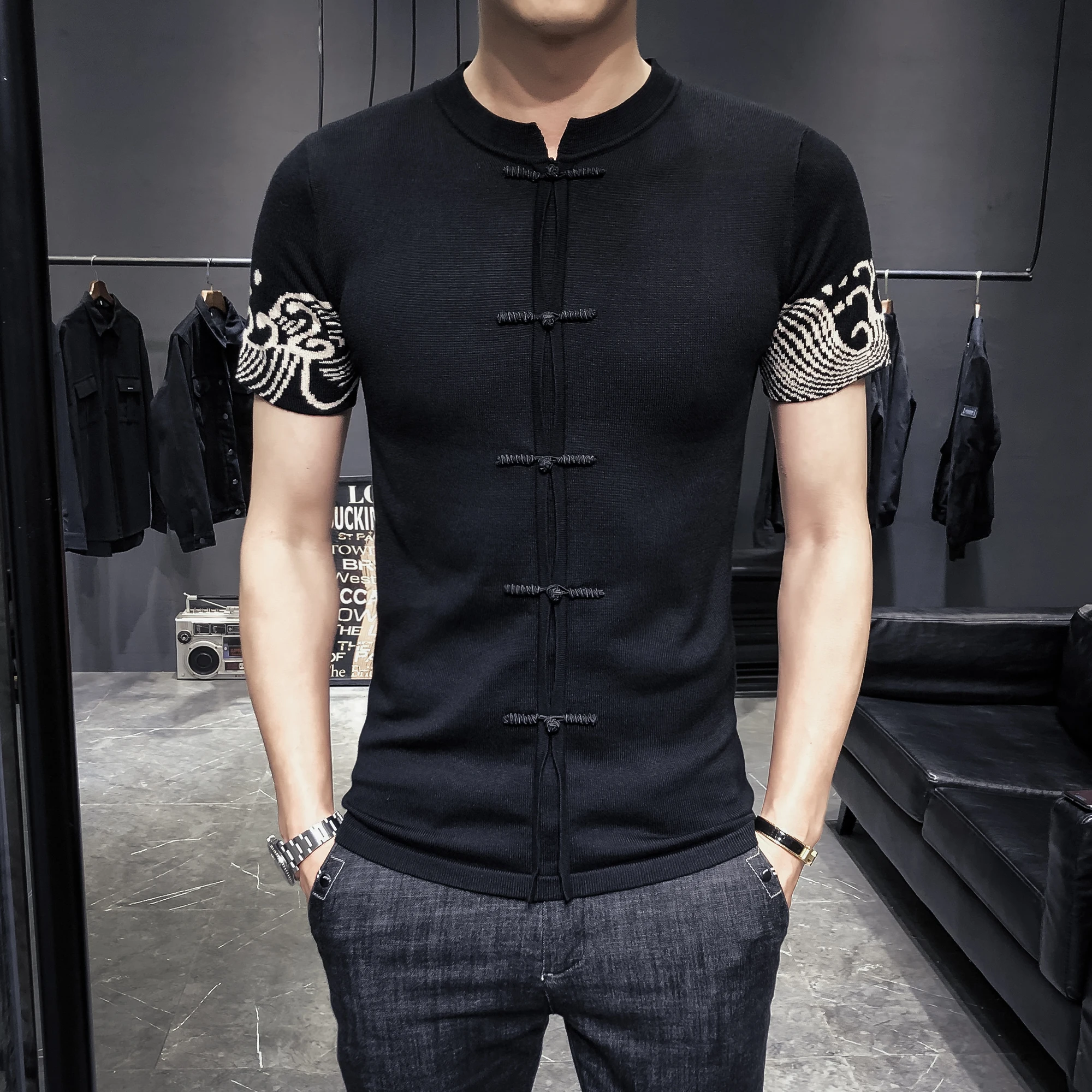

2022 New Style Chinese Style Chinese Dish Buckle Sleeve Edge Collar Short Sleeve Knit Jacquard Men's T-shirt