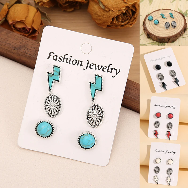 

3 Piece/set Floral Turquoise Alloy Ethnic Earring Bohemian Lightning Pumpkin Shaped Geometry Stud Earrings for Women Jewelry