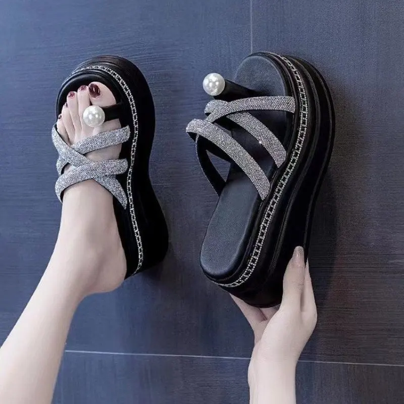 Summer Rhinestone Wedges Heel Women Slippers Platform Peep Toe Height Increasing Slides 2023 Sexy Ladies Shoes luxury sandals