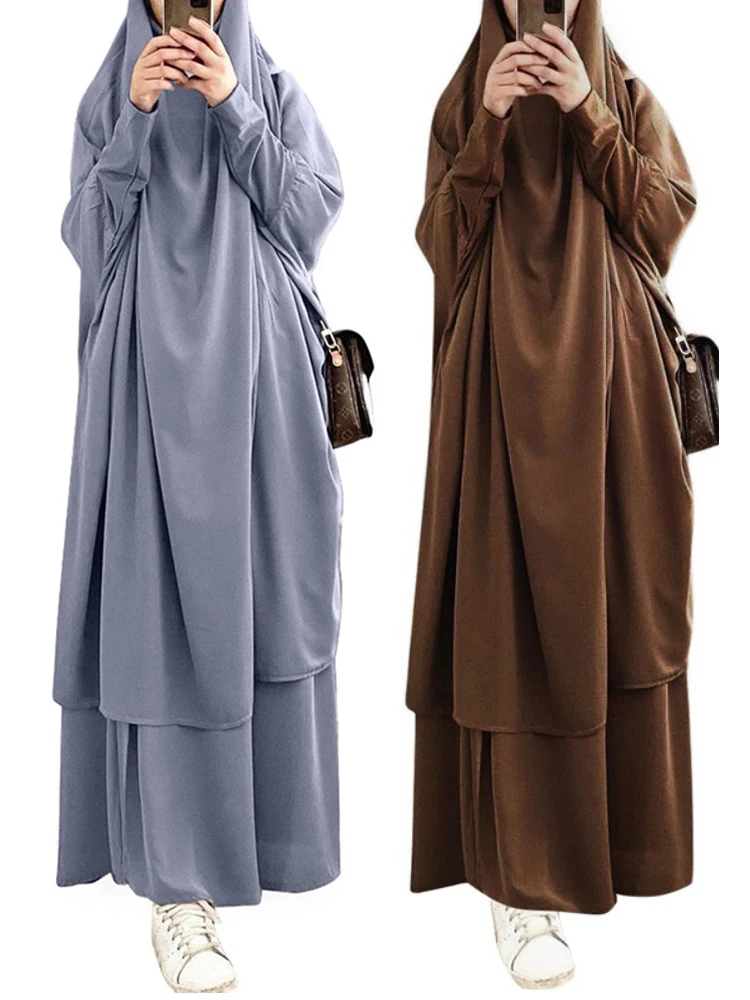 

Eid Muslim Women Long Khimar 2 Piece Set Prayer Garment Djellaba Jilbab Abaya Ramadan Gown Dubai Arab Islamic Niqab Burka Jubah