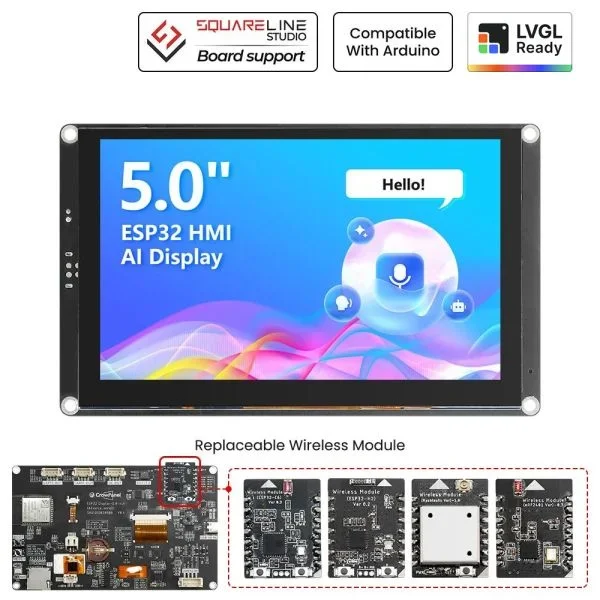 Фото Elecrow CrowPanel Advance 5-дюймовый HMI-дисплей на базе ESP32-S3 с поддержкой ИИ, 5-дюймовый сенсорный экран IPS 800x480, совместимость с Arduino/LVGL/Micropython. №1
