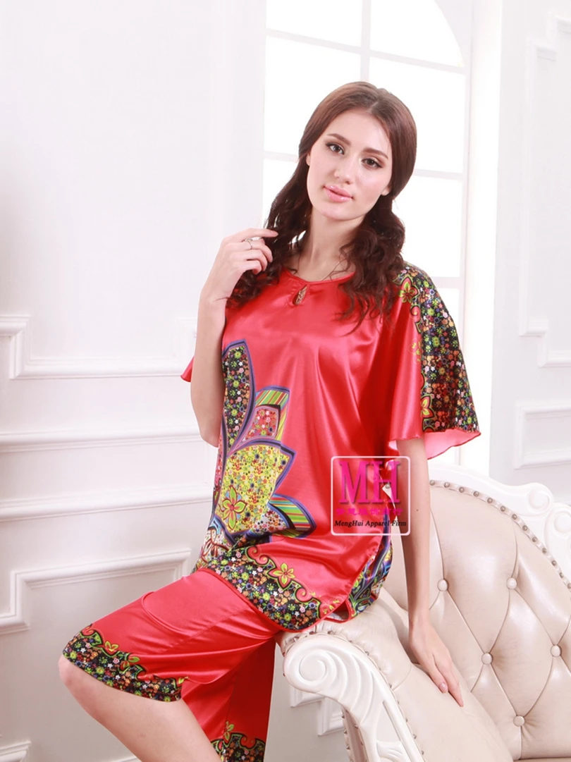 Conjunto de pijama de seda con pantalones cortos para mujer, ropa de dormir elegante con estampado de seda, color rojo, azul y verde