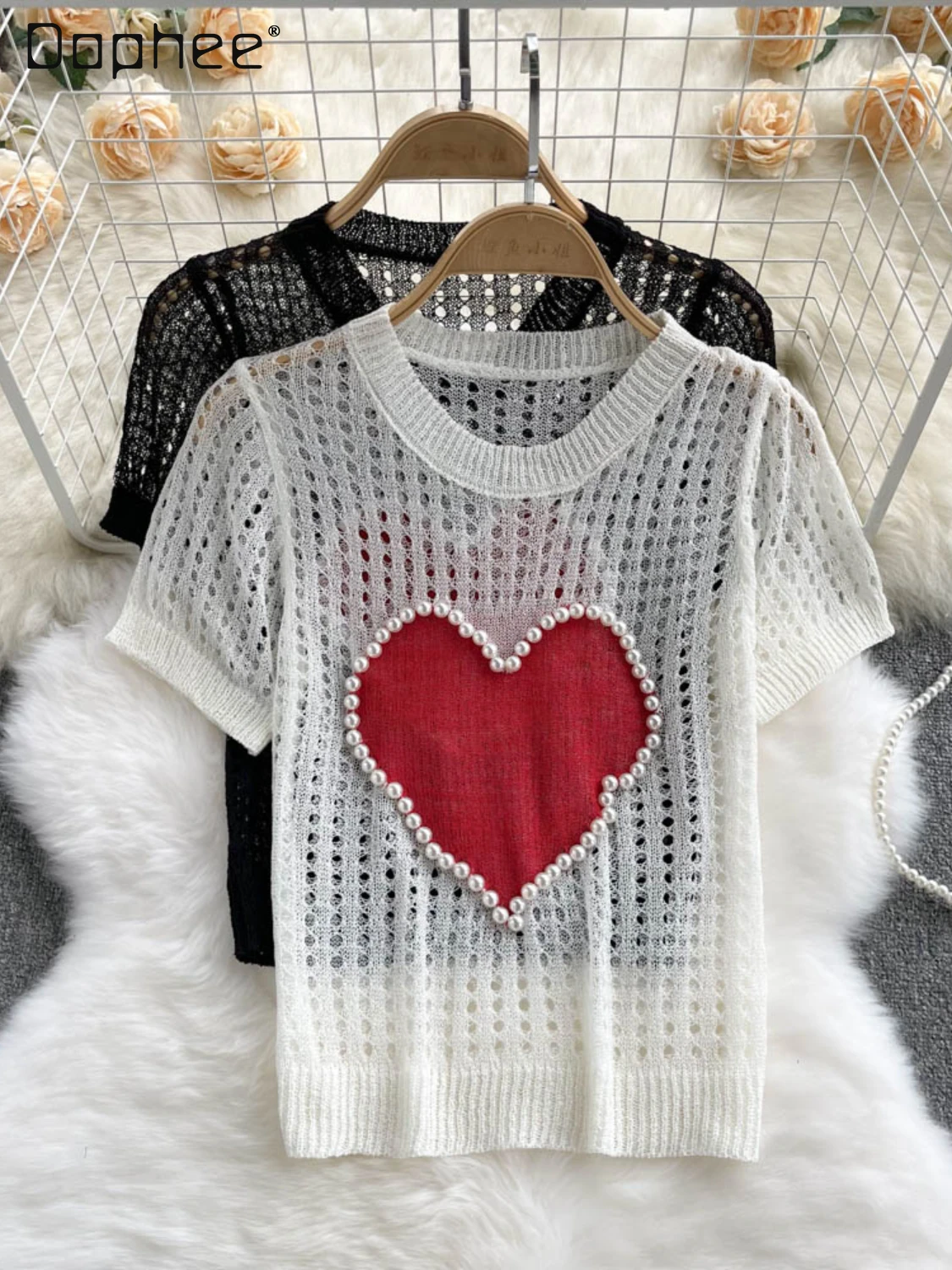 

Милая женская вязаная футболка с вырезами в форме сердца, лето 2022, Женский Тонкий облегающий пуловер, топ с вырезами
