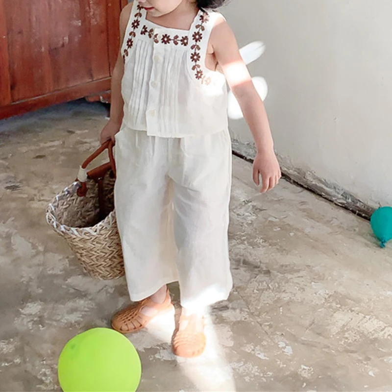 RiniLucia Toddler Girls Clothing Sets 2022 Summer Girls Clothes Flower Embroidery Cotton Tank Top Outfit Kids Tracksuit Suit