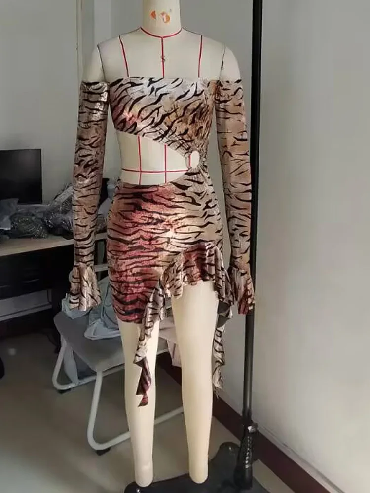 Beyprern красивое платье мини с принтом тигра оборками диких животных вырезами