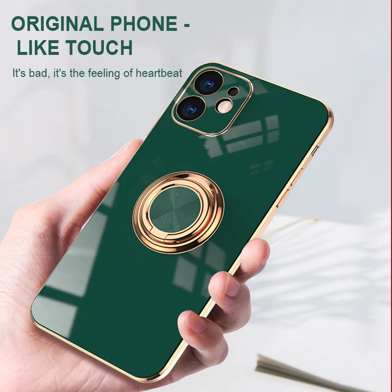 

For IPhone 11 12 13 Pro Max Xs Xr 8 Plus Mini Luxury Plating with Ring Holder Silicone Shockproof Phone Cover Shell For XS Max