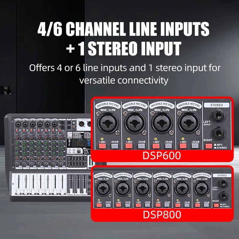 Фото Betagear DSP600/DSP800 32 бит 300 Вт X2 профессиональный аудиомикшер 48 В Phantom 4/6 канал 99 DSP эффектов Bluetooth USB MP3 для №2