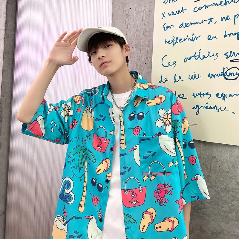 Summer Short Sleeve Shirt Men Cartoon Elements Print Top Fashion Casual Beach Cardigan Blouse Streetwear Oversized Male Clothes