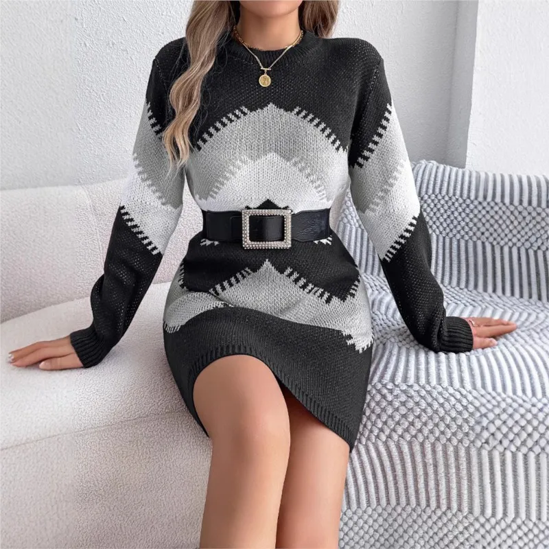 Осень/зима повседневное цветное платье-свитер с рукавами-фонариками лоскутное