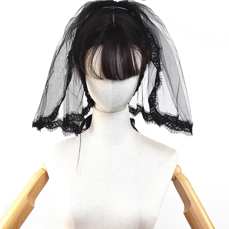 Фата Свадебная вечеринка Хэллоуин Черная вуаль Винтажная корона Кружевная