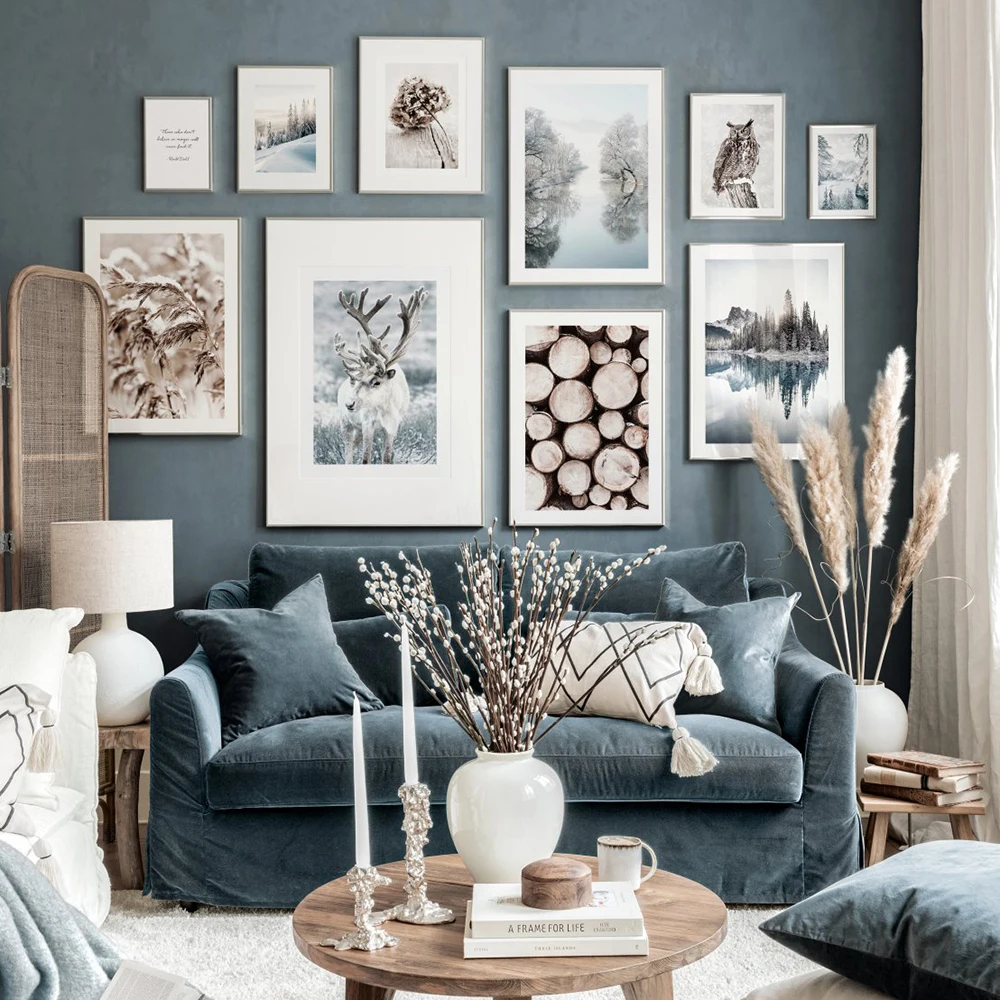 Олень лес озеро Снежный пейзаж зимняя стена искусство холст скандинавские