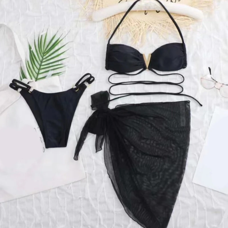 

Ladies Split Swimsuit Comfortable Solid Color 3-Piece Knotted Swimming Suit Set