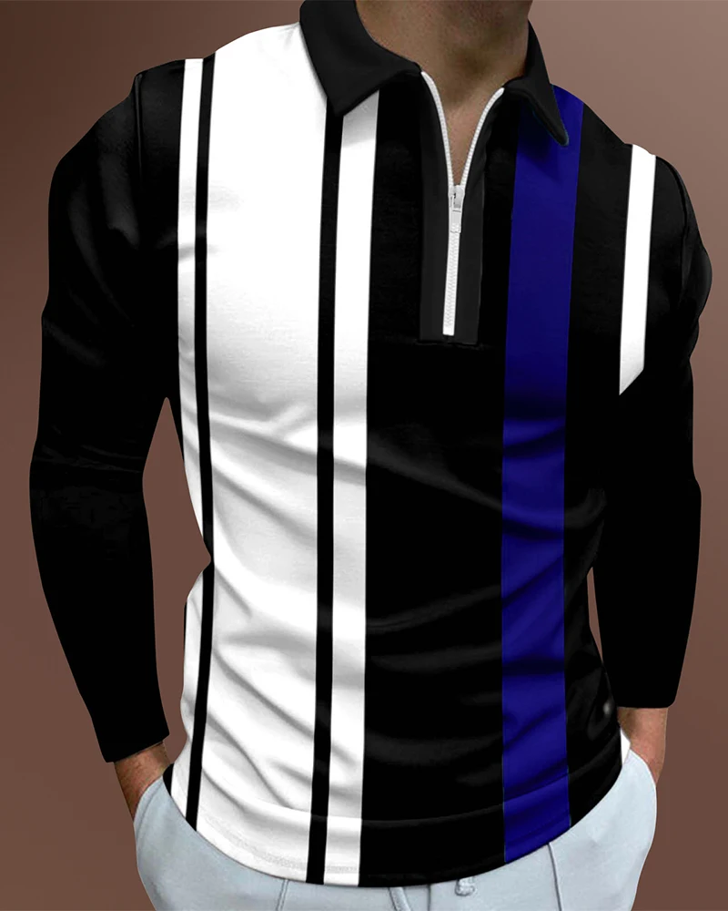 

Men's Casual Autumn Long Sleeve Polo Shirts Men Zip Tee Shirt Men Tops Street Golf Clothing Male Striped Print Clothes 2022
