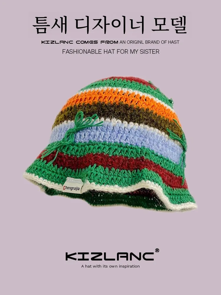 Японская модная полосатая вязаная шапка ручной работы для женщин осенне-зимняя