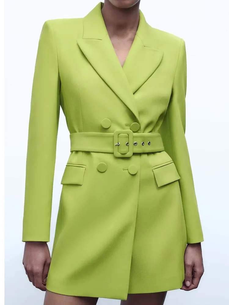 

Women Long Solid Color Blazer With Belt Office Coat 2023 Spring New Fashion V-neck Chic 2 Colors youth Female jacket Blazer