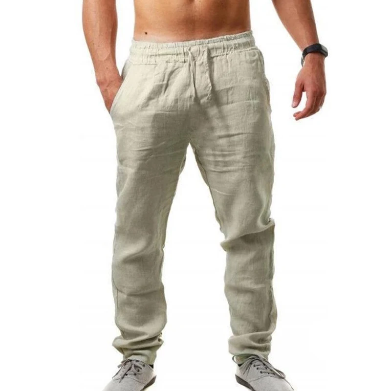 

Men's Casual Solid Color Cotton and Linen Led Men's Full Length Pants