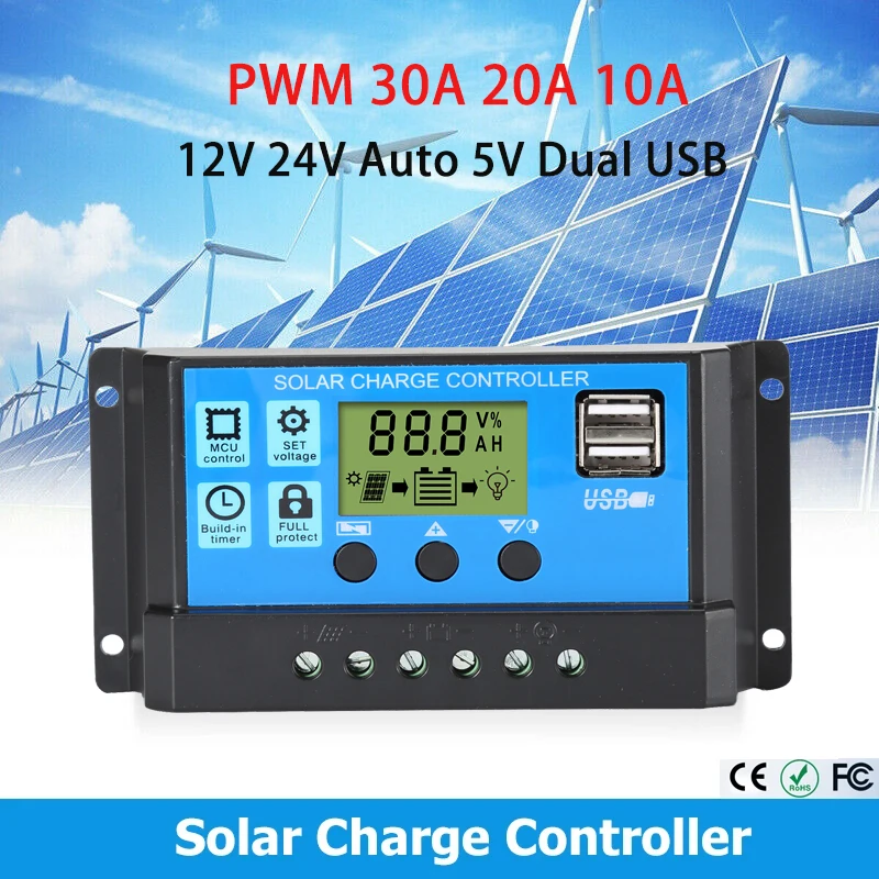 

30A /20A /10A Solar Controller 12V 24V Auto PWM Controllers With LCD Display 5V Dual USB Output Solar Charge Controller