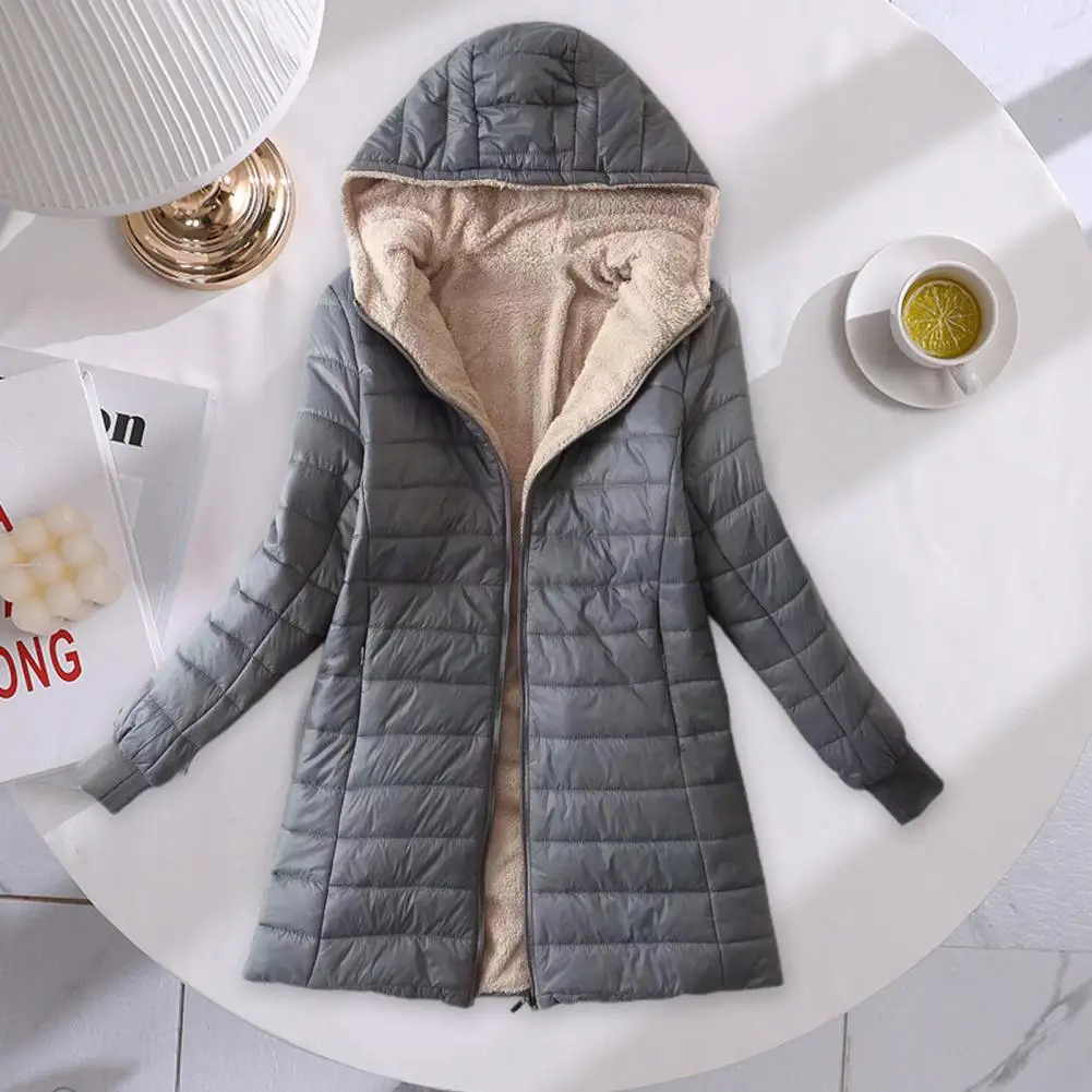 

Dropshipping!Women Hooded Coat Plush Lining Zipper Closure Slim Cardigan Keep Warm Casual Wear Autumn Winter Mid-length Jacket