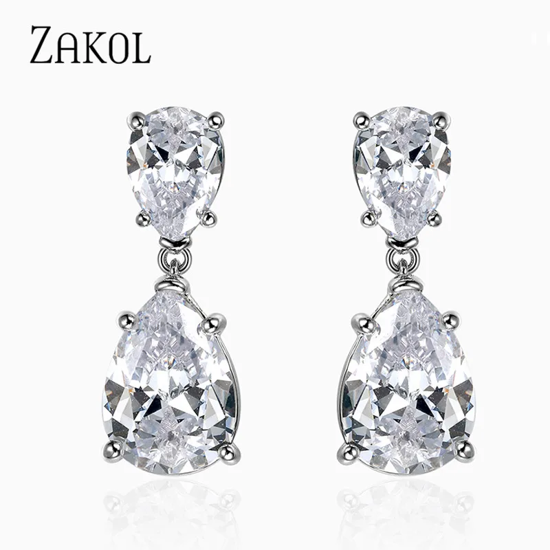 

ZAKOL Cute Transparent Crystal Dangle Drop Earrings For Girls Clear Gold Color Women Small Wedding Engagement Jewelry FSEP2516