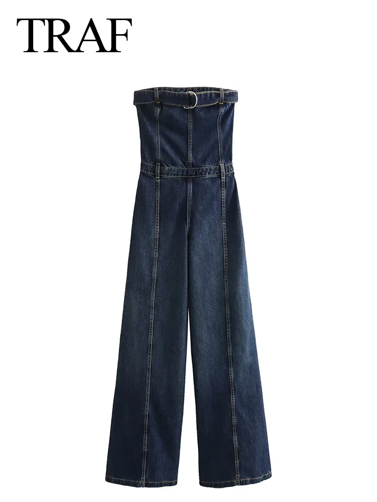 

TRAF Fashion Women Chic Jumpsuit Elastic Vintage Side Zip Romper Woman Denim Jumpsuits Strapless Off Shoulder Belt Buckle