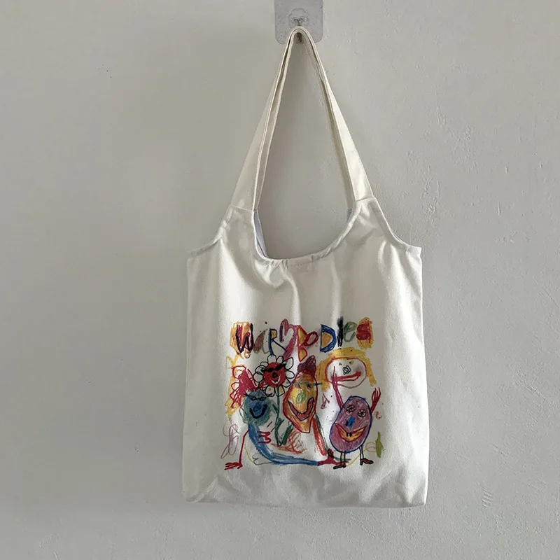 

New Tote Shopping Bag for Lady Literary Cartoon Canvas Shoulder Bag Women Students Cotton Cloth New Stylish Graffiti Simple Bag