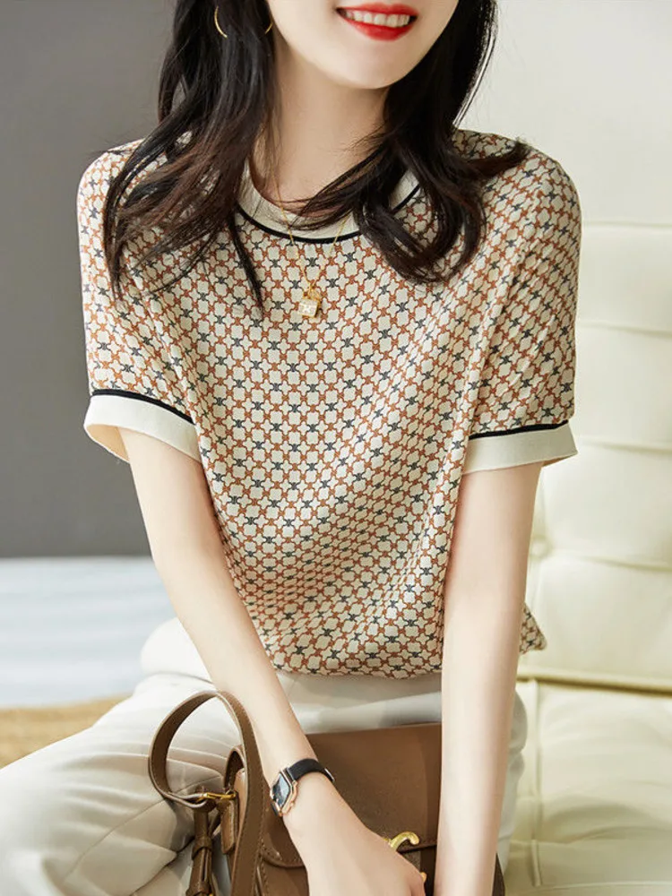 

2022 Summer New Ice Silk Jacquard Round Neck Short Sleeve T-shirt Women's Loose And Thin Versatile Korean Knitwear Top Female