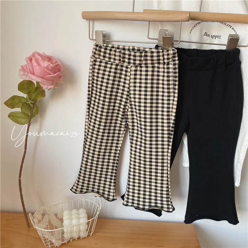 

2022 Baby Girls Bell-Bottoms Fashion Kids Plaid Black Leggings Casual Children Trousers Spring Autumn Toddler Girl Flare Pants
