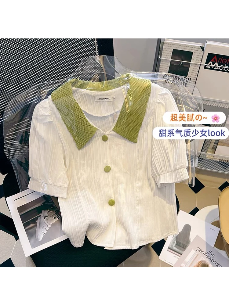 

Korean 2022 Summer Solid Color Vintage Preppy Style New Women Shirts Puff Sleeve Casual Baggy Polo Neck Patchwork Blouse Ladies