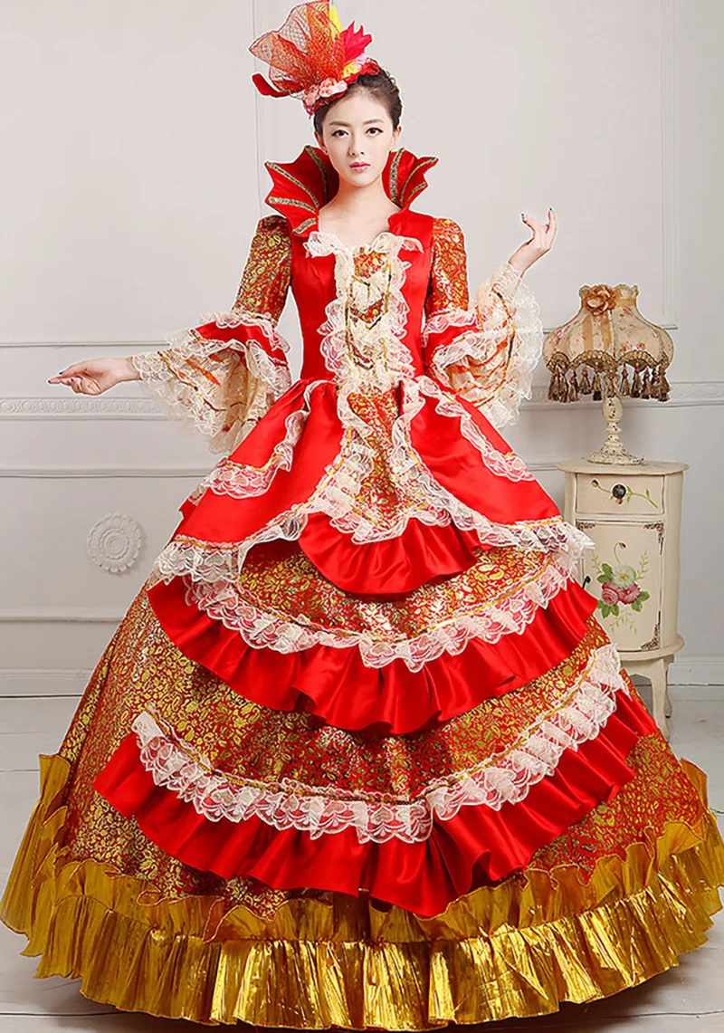 Large Size 6XL Evening Dress European Medieval Victorian Costume Dress Women Queen Cosplay Costume Party Vintage Red Ball Gown