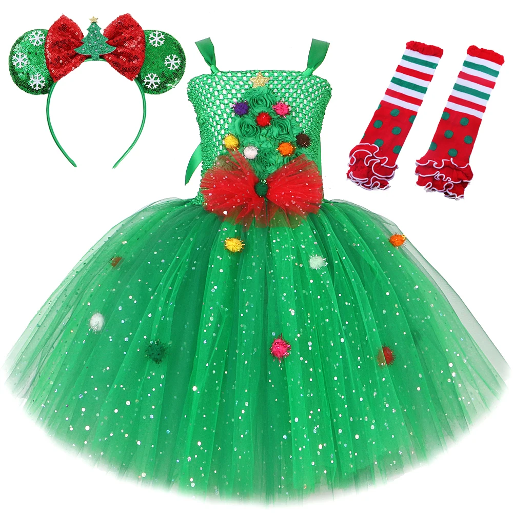 

Блестящее зеленое рождественское оформление для девочек, цветочное оформление, платье-пачка, детские новогодние наряды с бантом, носки, необычная одежда