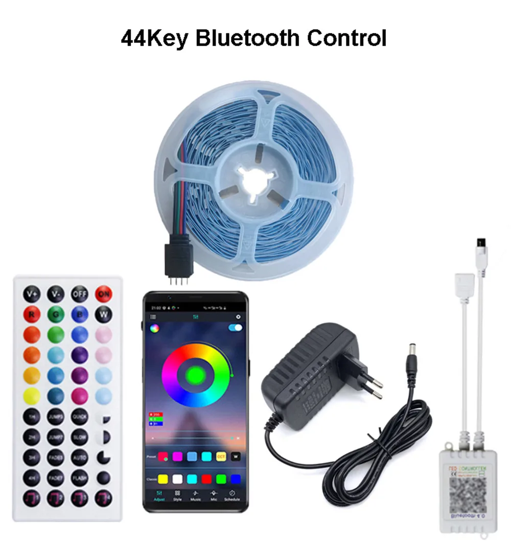 (Вилка европейского стандарта) Светодиодные ленты RGB, 30 светодиодов/м, гибкая световая лента с питанием от 12 В, 44 клавиши, приложение Bluetooth, музыкальный пульт дистанционного управления для домашнего декора