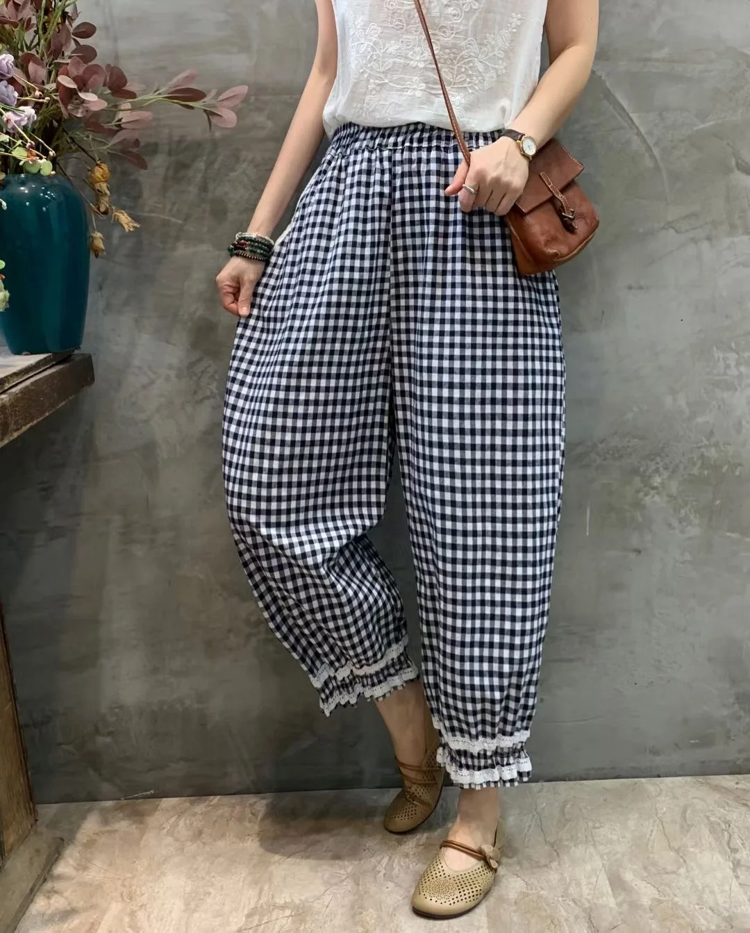 Летние хлопковые льняные шаровары в стиле ретро женские кружевные клетчатые