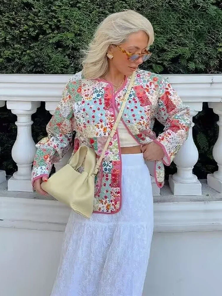 ZBZA женская стеганая куртка с цветочным принтом винтажная однобортная свободная