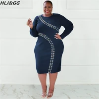 hljgg fashion hollow out bandage design dresses plus size women clothes xl 5xl fall solid o neck long sleeve mid dress vestidos