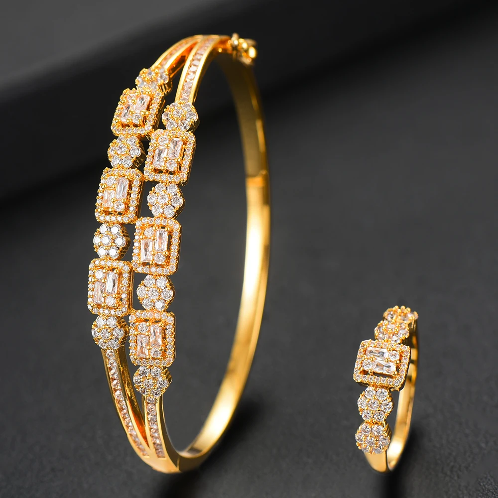 GODKI Trendy Luxury Baguette Stackable Bangle Ring Sets For Women Wedding AAA Cubic Zircon Dubai Bracelet Party Jewelry