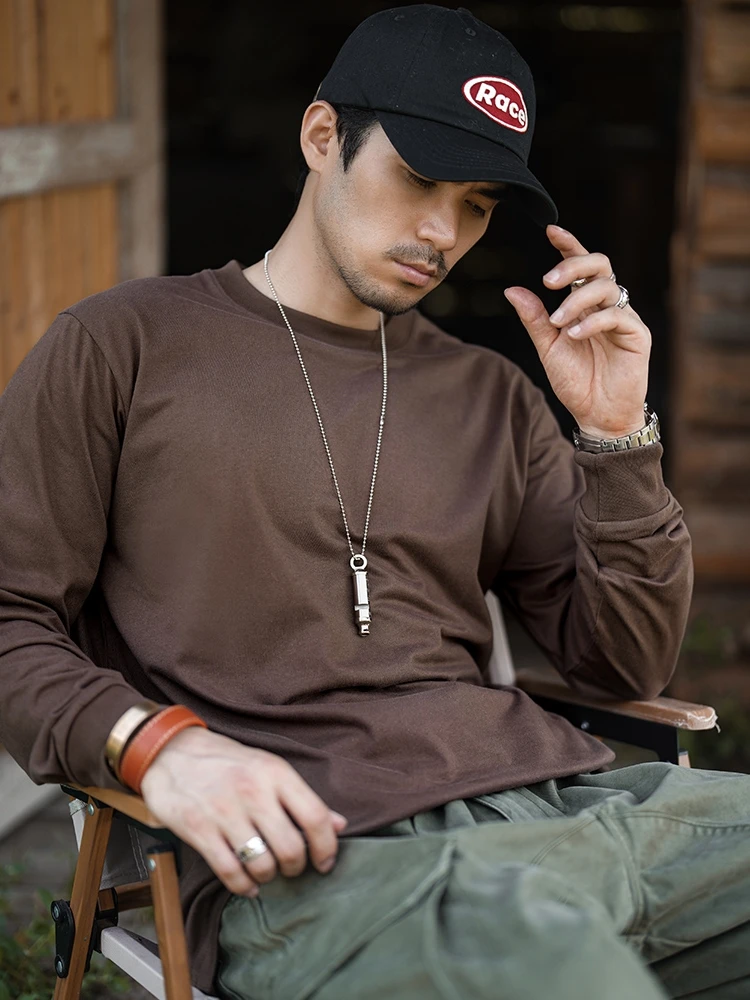 Brown Cotton Long sleeves Shirt Men's Loose round Neck Pullover Undershirt Youth T-shirt Spring and Autumn Hoodie New