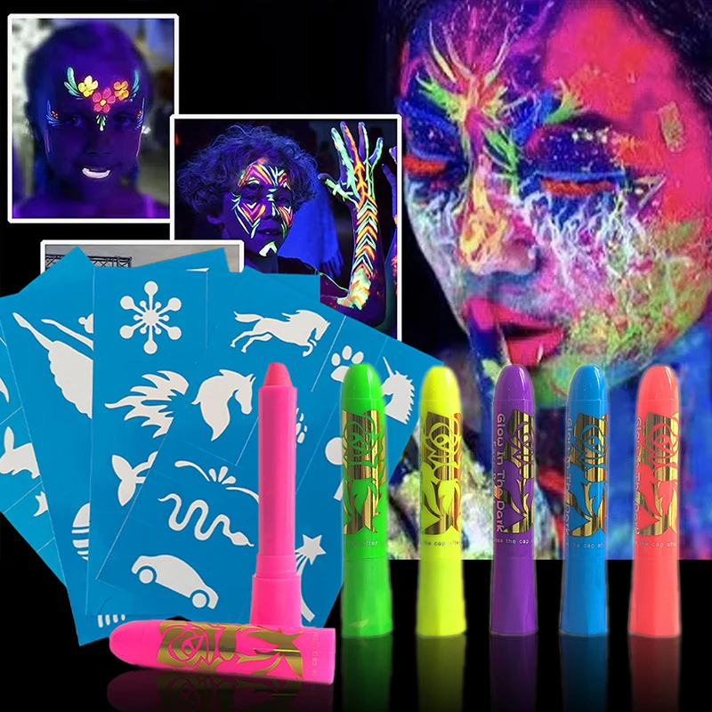 6pcs Fluorescent Makeup Marker DIY Party Decoration Glow Pop In Dark Face Black Light Paint UV Neon Face Body Paint Crayon Kit