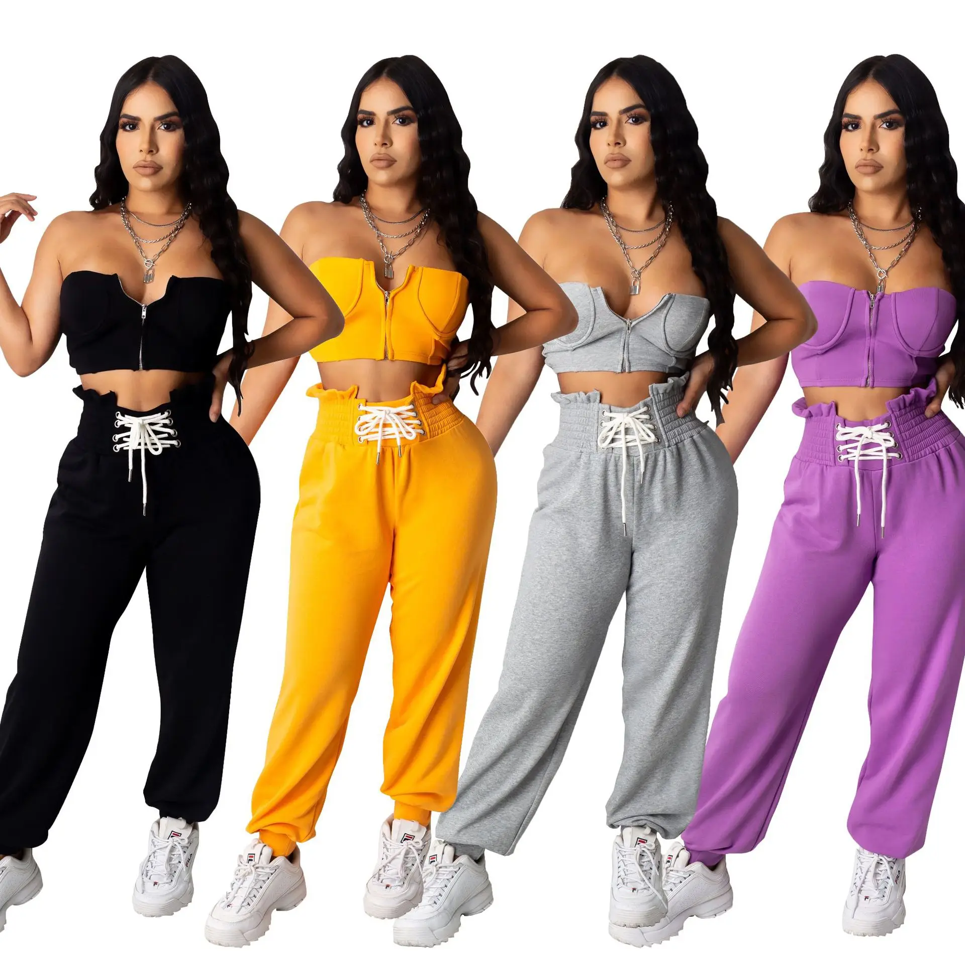 

Women 2 Piece Set Sleeveless tracksuit Two Piece Outfits Summer Crop Top And Long Pants Sets Casual Matching Sets