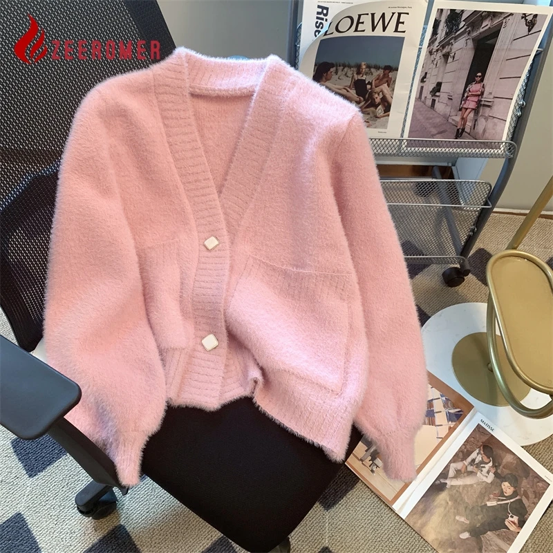 

Женский однобортный Кардиган из искусственной норки, Элегантный Розовый однобортный свитер с длинным рукавом, корейский стиль, осень 2023