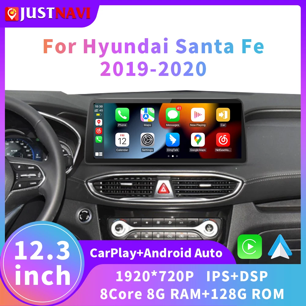 

Автомобильный радиоприемник JUSTNAVI, 12,3 дюйма, Android 10, для Hyundai Santa Fe 2019 2020, GPS, автомобильный мультимедийный стереопроигрыватель Carplay, 4G, Wi-Fi, 2 Din