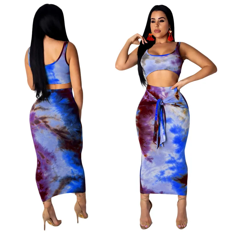 Summer 2 Piece Set Women 2022 Crop Top T Shirt and Bodycon Skirt Tie Dye Print Sexy Two Dress Outfits for |